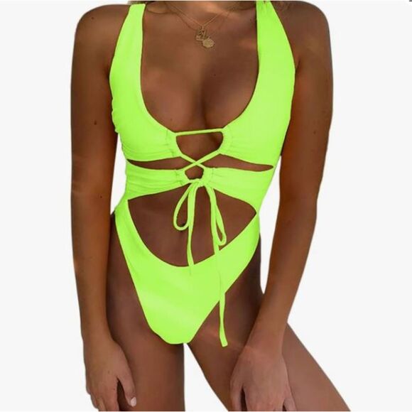 NEW Chyrll Neon Green Swimsuit 1 Piece Cut Out Front, Tie Front Size Large - Picture 1 of 5